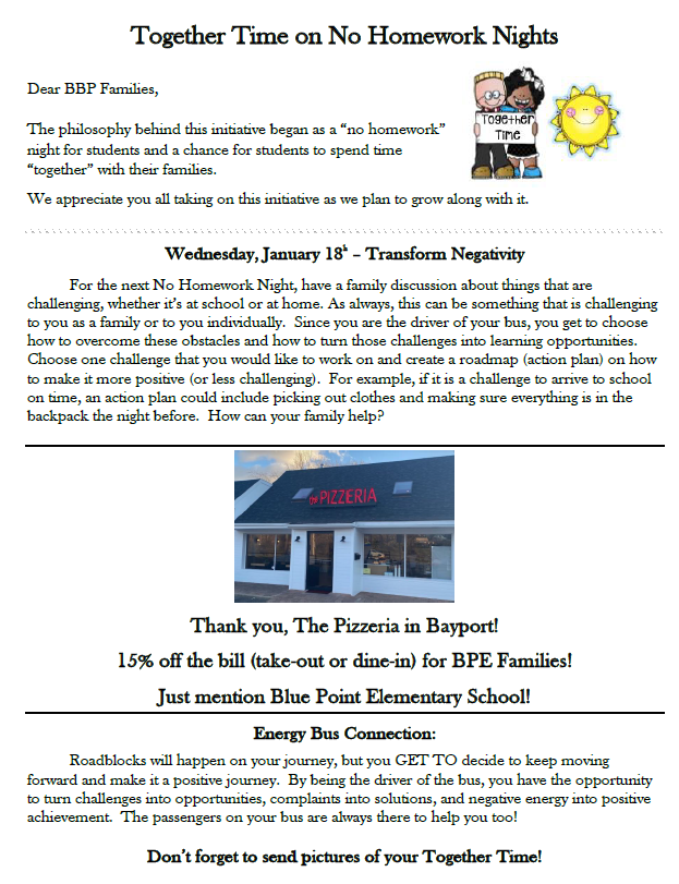 BPESchool's tweet photo. This month's community discount is coming from the Pizzeria in Bayport!  15% off for BPE Families to enjoy during Together Time - No Homework Night! https://t.co/k6PxiFCaon