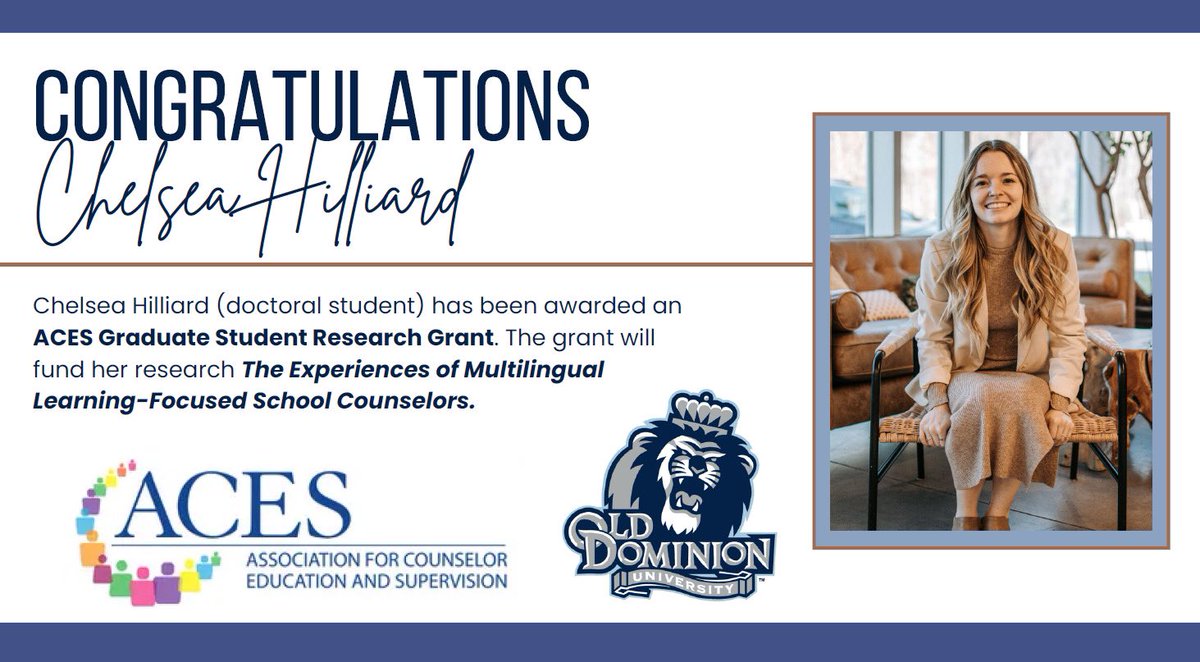 ODUCounPrograms's tweet photo. Congratulations Chelsea Hilliard, a second year doctoral student for receiving this competitive ACES research grant! We are so proud of you, and your work as both a school counselor and a school counseling scholar! #scchat #counseloreducation
#ODUathome #counselored #ACES https://t.co/4b6XwsnAyd