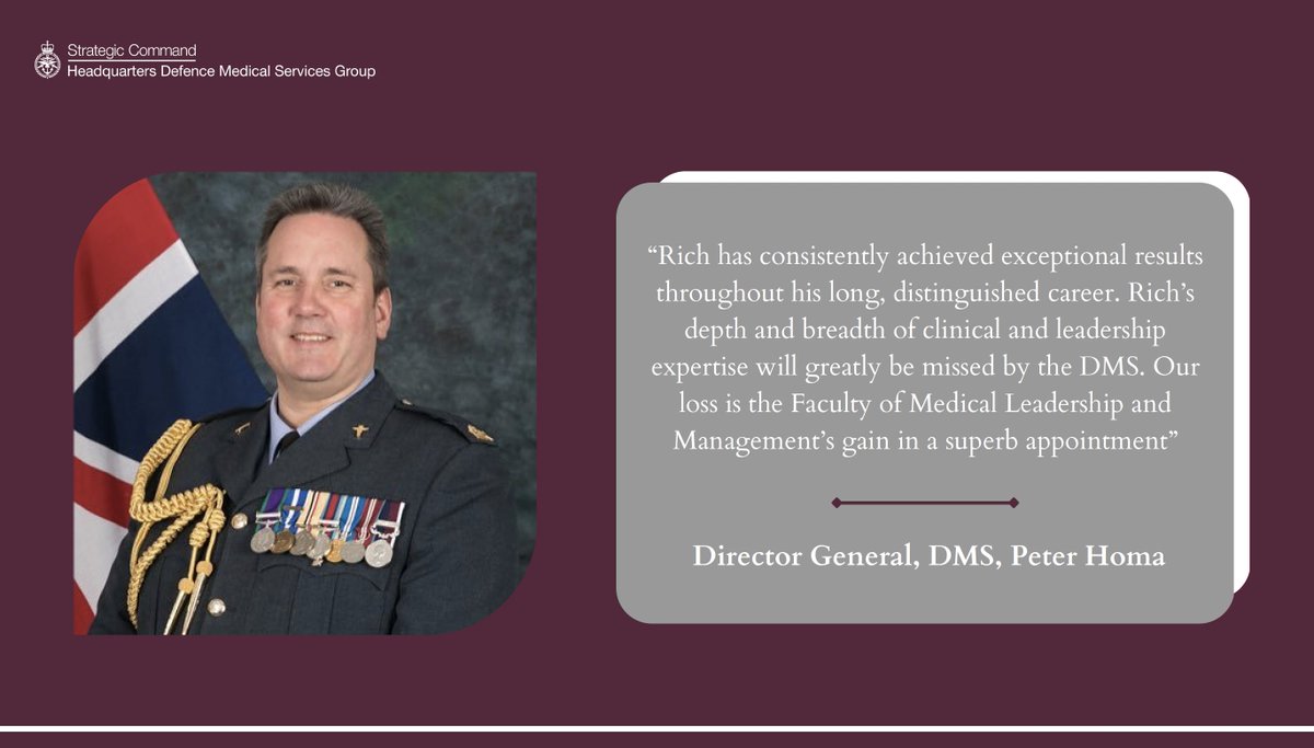 After 34 years of service, Air Vice-Marshal Rich Withnall is retiring from the DMS.
 
With a series of ‘firsts’ throughout his long and successful career, AVM Withnall is looking forward to his next role as Chief Executive at the Faculty of Medical Leadership and Management.