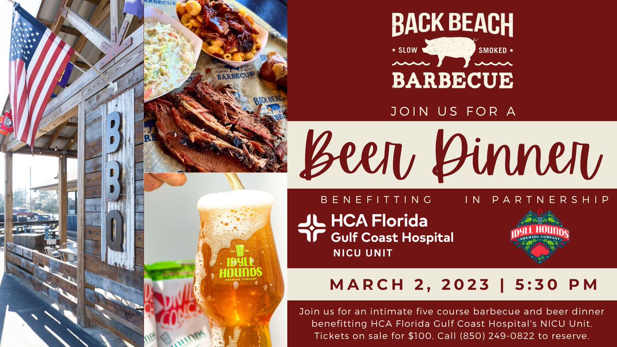 backbeachbbq's tweet image. Tickets are on sale NOW for our Beer Dinner with Idyll Hounds on March 2! This time, proceeds will benefit the incredible HCA Florida Gulf Coast Hospital NICU Unit 💙

To save your seat, please call 850-249-0822!