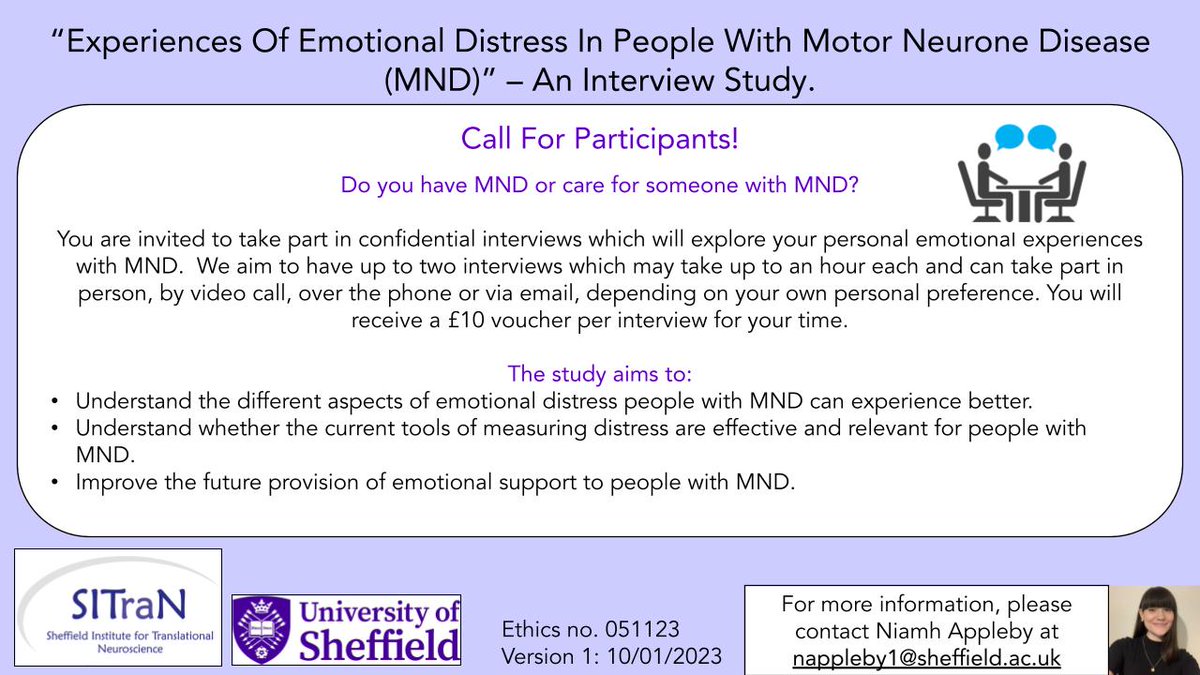 Esther Hobson (@drestherhobson) on Twitter photo We're looking for people with MND / ALS and carers/members of their family to take part in an interview study. This can be by phone, video, in person or writing. Please share my tweet!
<a href="/MND_PeerSupport/">MND Peer Support</a>
<a href="/UK_mnd_CSG/">UK MND Clinical Studies Group</a>
<a href="/SYMNDA/">South Yorkshire MNDA</a>
<a href="/MNDScotland/">MND Scotland</a>
<a href="/profcjmcdermott/">Chris McDermott</a>
<a href="/alsadvocacy/">ALS Advocacy</a>
@PaulWicks We're looking for people with MND / ALS and carers/members of their family to take part in an interview study. This can be by phone, video, in person or writing. Please share my tweet!
<a href="/MND_PeerSupport/">MND Peer Support</a>
<a href="/UK_mnd_CSG/">UK MND Clinical Studies Group</a>
<a href="/SYMNDA/">South Yorkshire MNDA</a>
<a href="/MNDScotland/">MND Scotland</a>
<a href="/profcjmcdermott/">Chris McDermott</a>
<a href="/alsadvocacy/">ALS Advocacy</a>
@PaulWicks