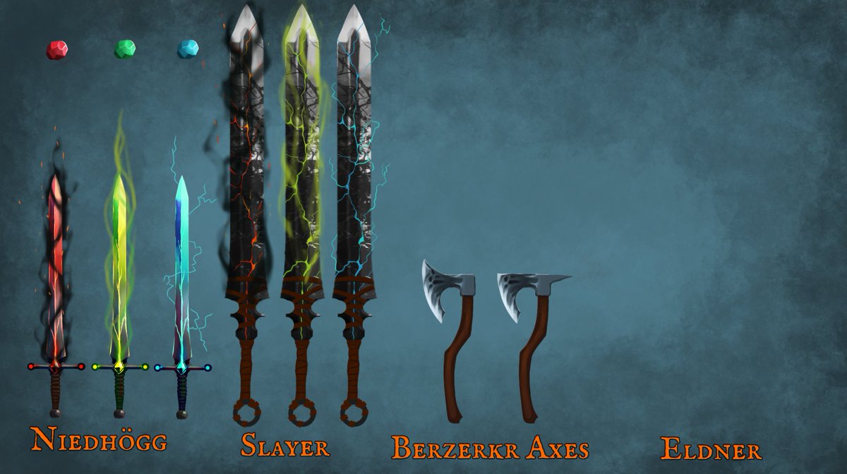 Valheimgame's tweet image. Like we said in our blog post the other day, we want to show more of the #Valheim development process. Currently, our artist @RobinEyreArt is trying out some different concepts for Ashlands tier weapons! Any guesses as to what that mysterious Eldner might turn out to be?