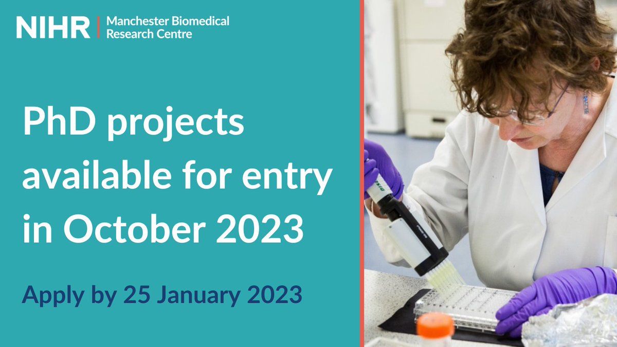 One week left to apply! ⏰

We currently have 36 PhD studentships available across our research themes.

Applications close at midnight next Wednesday, 25 January.

Find out more and apply here 👇
manchesterbrc.nihr.ac.uk/training/phds-…