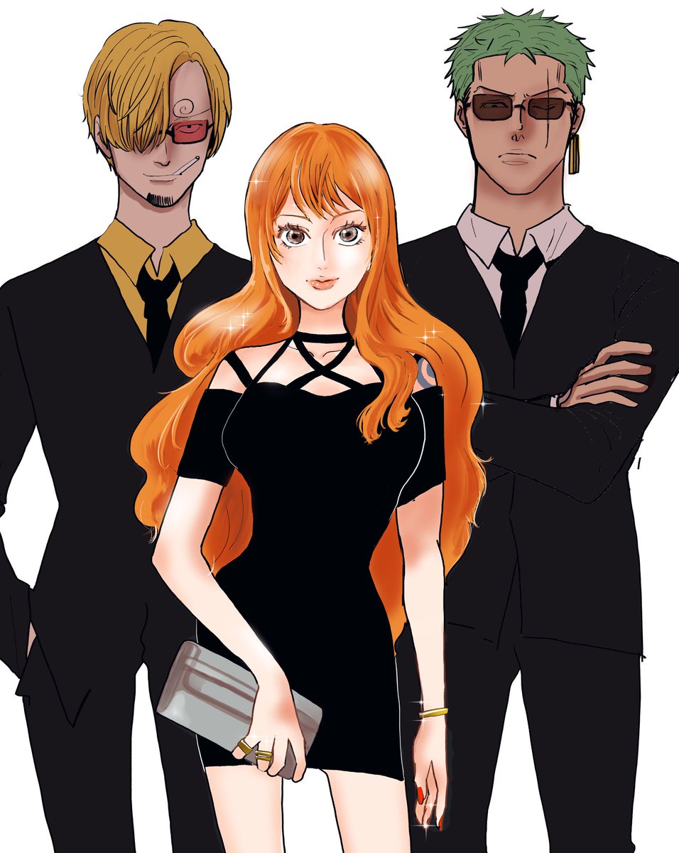 nami (one piece) ,roronoa zoro ,sanji (one piece) 1girl multiple boys formal necktie orange hair suit green hair  illustration images