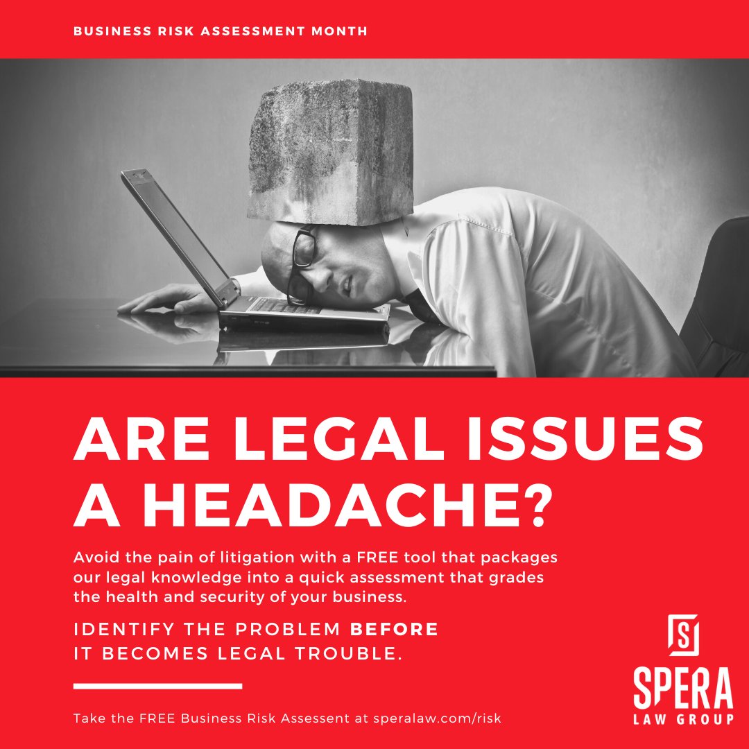 SperaLaw's tweet photo. Legal trouble can be a major headache for businesses. Don't let it bring your company down! Stay ahead of potential risks with a thorough business risk assessment. Take our FREE business risk assessment when you go to https://t.co/wHcJXAxohY #legal #riskassessment #business https://t.co/ZA2jUhZtiF