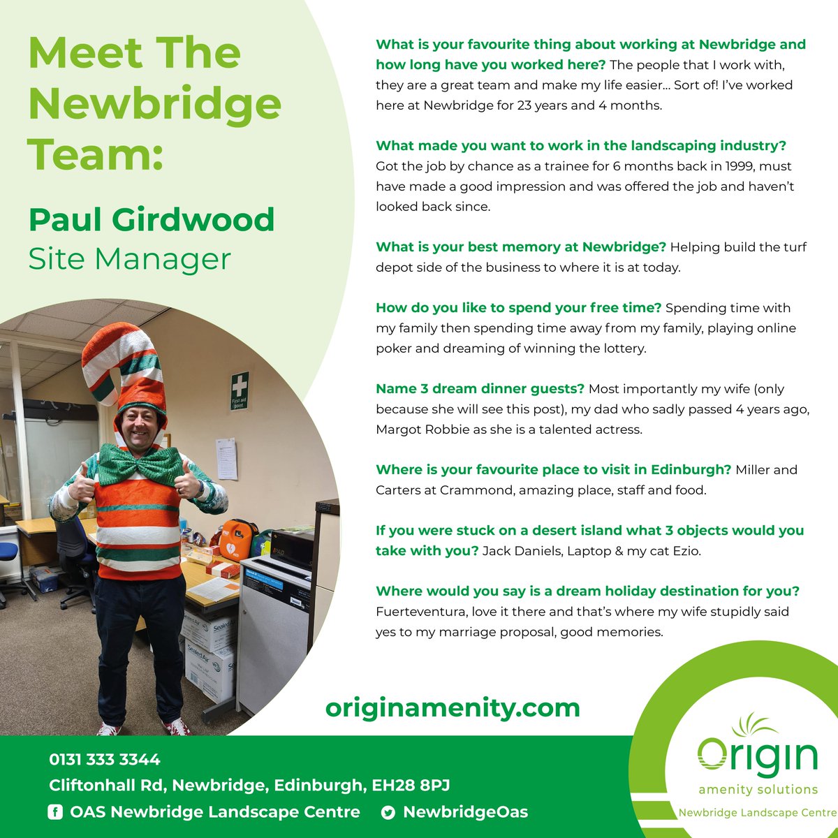 NewbridgeOas's tweet image. 🤝Meet the Team🤝

The first person to feature in our meet the team series is our Site Manager, Paul Girdwood!👷‍♂️

Read down below to get to know Paul a little better 👇

#meettheteam
#originamenitysolutions #newbridgelandscapecentre