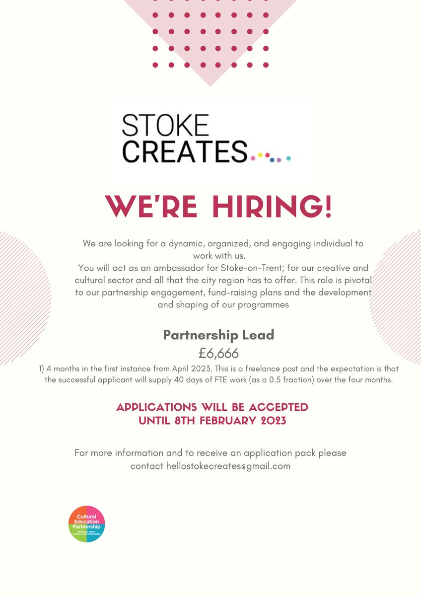 🚨 We are hiring! 🚨 

Looking to recruit a Partnership Lead, for more info and an application pack please email hellostokecreates@gmail.com

Applications close Wed 8th Feb