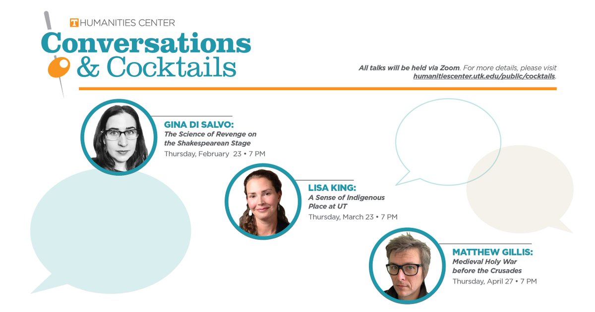 We're looking forward to these public talks by UT faculty members Gina Di Salvo (Theatre), Lisa King (<a href="/UTKEnglish/">Tennessee English</a>), &amp; Matthew Gillis (<a href="/utkhistory/">UTK History</a>)! 

The talks are free &amp; will be held via Zoom @ 7pm ET. Details at humanitiescenter.utk.edu/public/cocktai….

#PublicHumanities <a href="/ResearchUTK/">UT Research</a>