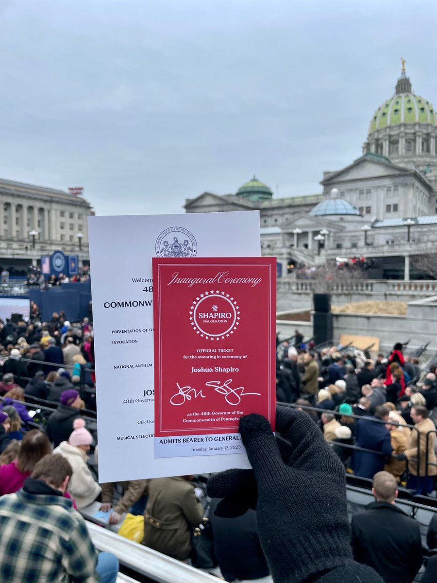 itseriklarson's tweet photo. Had a ticket to history yesterday. Proud to see @GovernorShapiro sworn in as PA's 48th. https://t.co/W8j9Ak8lKh