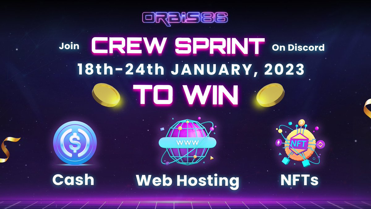 orbis86_x's tweet photo. Get ready for the ultimate test of speed and skill! Join the #Orbis86 community on #Discord for the #CrewSprint from 18-24 Jan 2023. 

Race to the finish line for a chance to win #FIO tokens, USDC, #NFTs, and Web hosting.

Join us now: 
https://t.co/5MTztRNvuV

 #HBARbarians #ETH https://t.co/GQQhnfFY0q