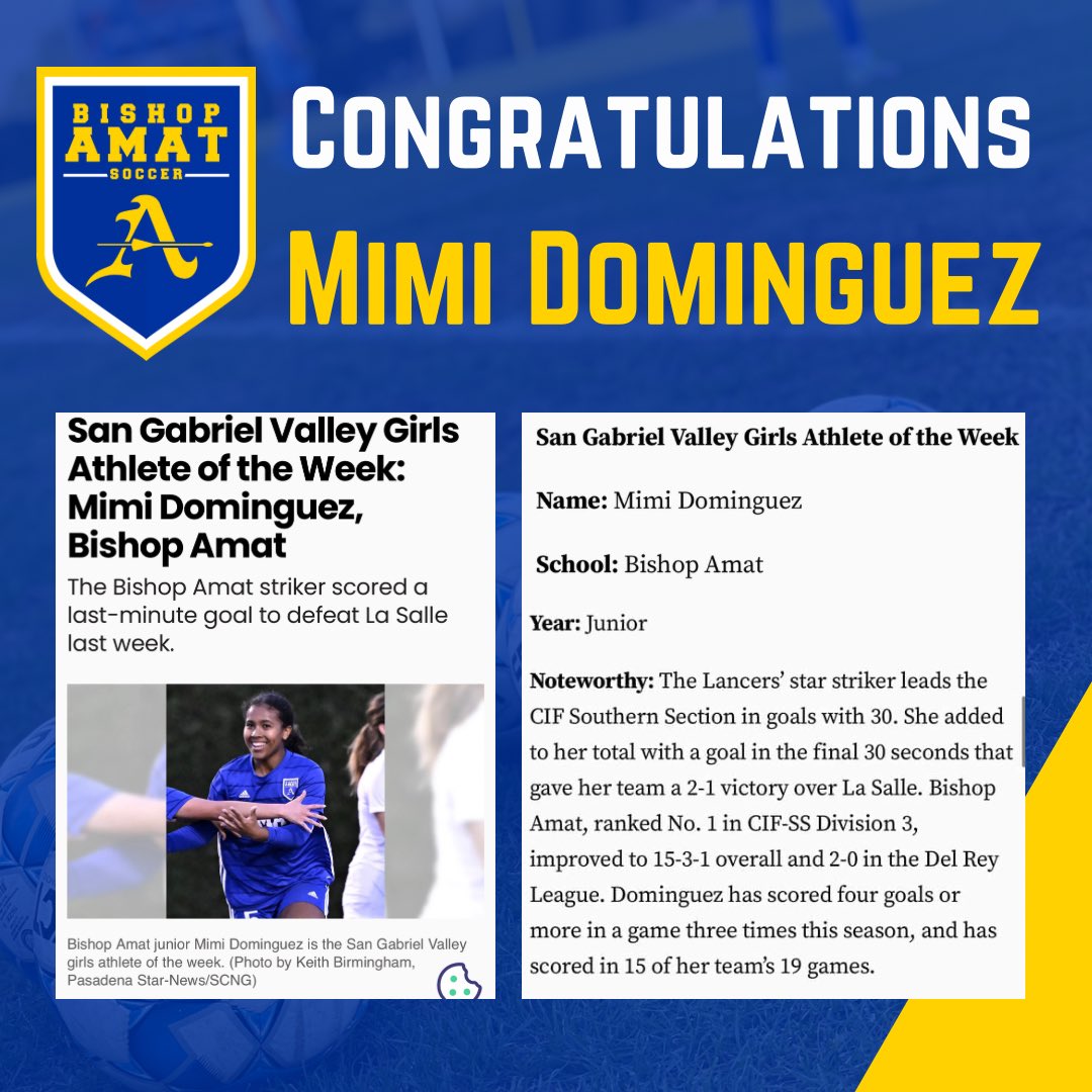 Bishop Amat Soccer (@amatsoccer) on Twitter photo Congratulations Varsity Girls Soccer, Mimi Dominguez <a href="/mimi_sxccer/">mimi🖤💪🏾</a> for receiving the San Gabriel Valley Athlete of the week. Thank you to reporter <a href="/SGVNSports/">Fred J. Robledo 👨🏻💻</a> ! ⚽️🥅 #AmatSoccer <a href="/AmatLancer/">Bishop Amat</a> Congratulations Varsity Girls Soccer, Mimi Dominguez <a href="/mimi_sxccer/">mimi🖤💪🏾</a> for receiving the San Gabriel Valley Athlete of the week. Thank you to reporter <a href="/SGVNSports/">Fred J. Robledo 👨🏻💻</a> ! ⚽️🥅 #AmatSoccer <a href="/AmatLancer/">Bishop Amat</a>