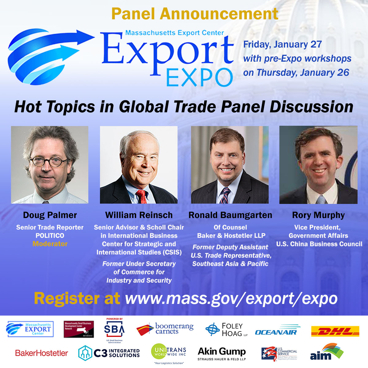 We are pleased to announce the panelists for the Hot Topics in Global Trade Panel at next week’s #ExportExpo! Learn More at mass.gov/export/expo/