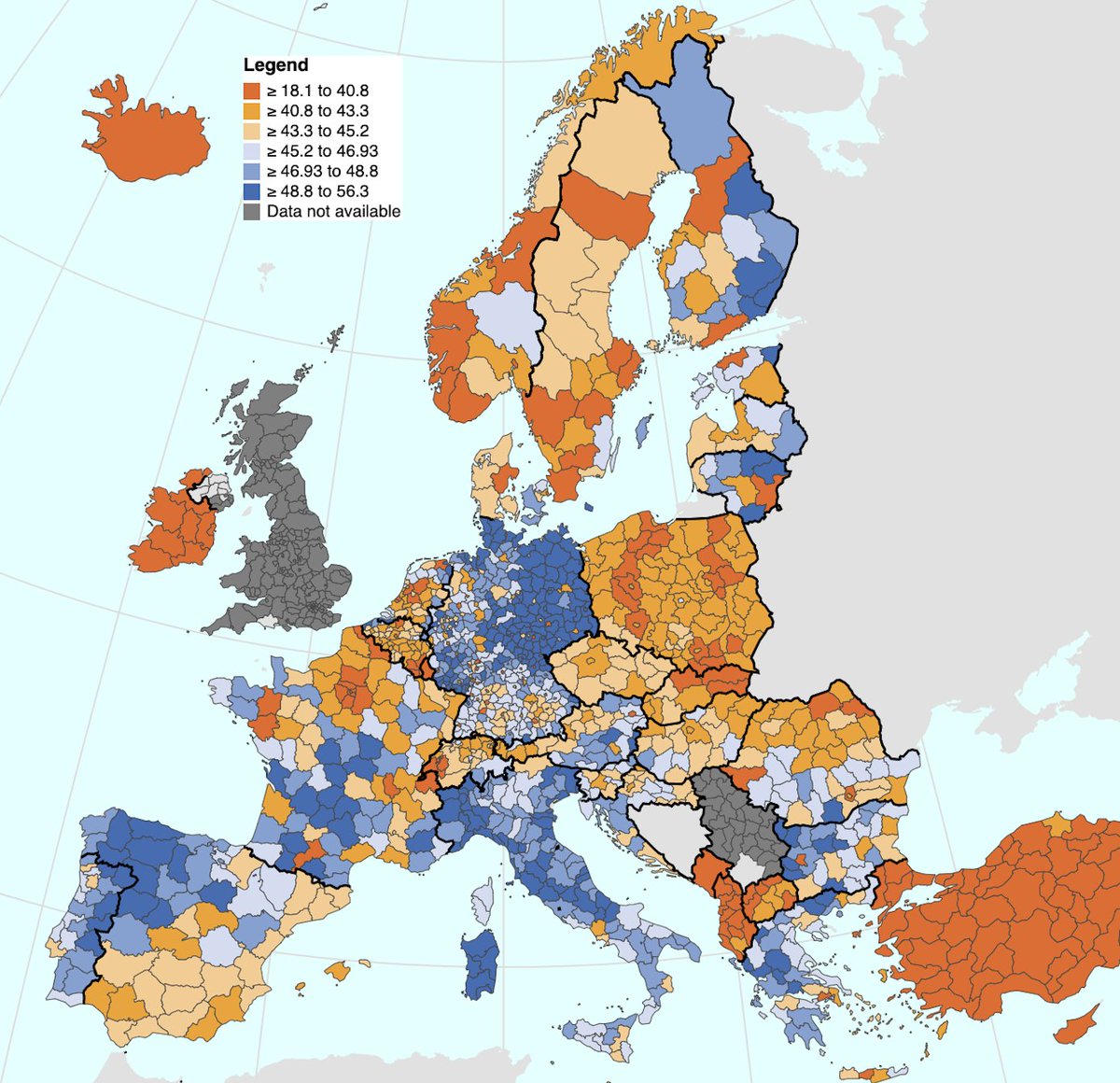 COdendahl's tweet photo. Median #age by region in Europe. https://t.co/GrXce6lYY7