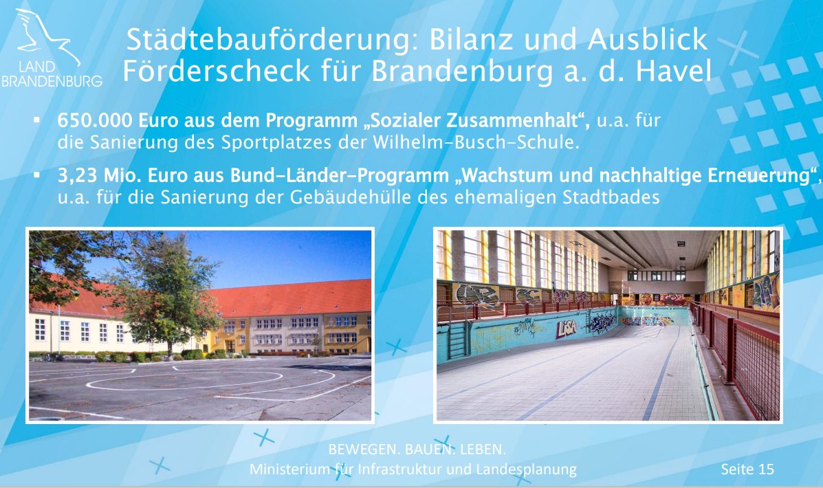 Stadt_BRB's tweet photo. 💶 Knapp 4,3 Mio. € #Städtebau-#Fördermittel übergab das @MIL_Brandenburg heute virtuell an die Stadt #BrandenburganderHavel 💶

OB #SteffenScheller: "Damit können wir Denkmale erhalten, Stadtumbau nachhaltig gestalten &amp; sozialen Zusammenhalt stärken"

👉 https://t.co/AU9RKarHHG https://t.co/MKDKURSZCC