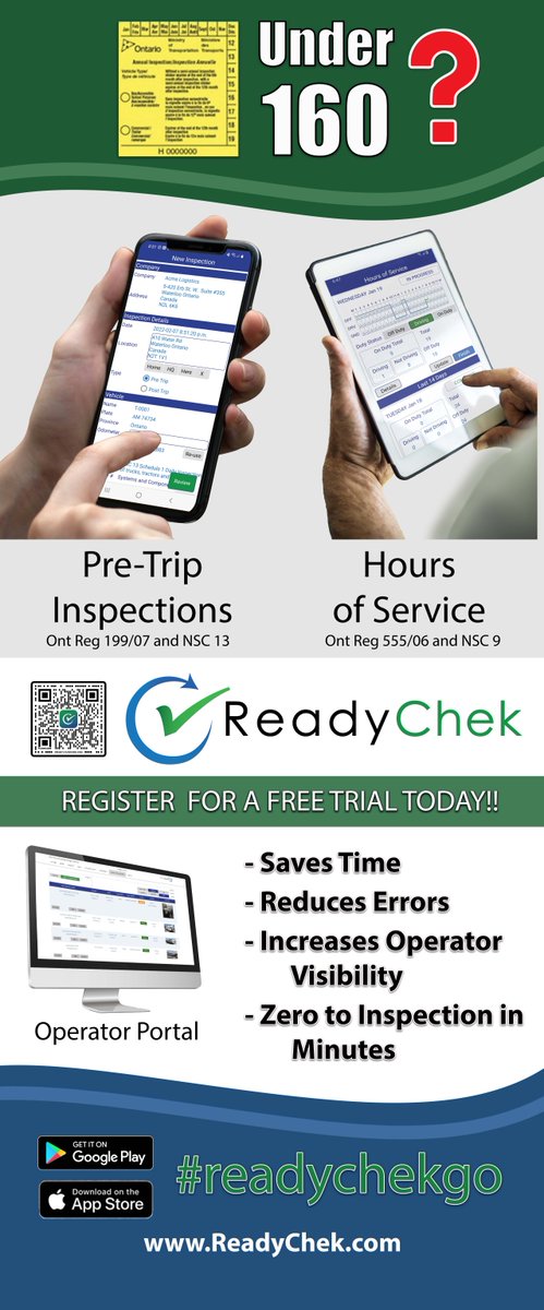 ReadyChek's tweet photo. Do you stay within a 160km radius of your business?
If so you don't need an expensive ELD for your #PreTrip #Inspections or #HoursOfService. ReadyChek is super easy to use and is highly affordable!
Visit https://t.co/DrWRMGdUGF for info or to sign up, no credit card required! https://t.co/qGNV9oOpZz
