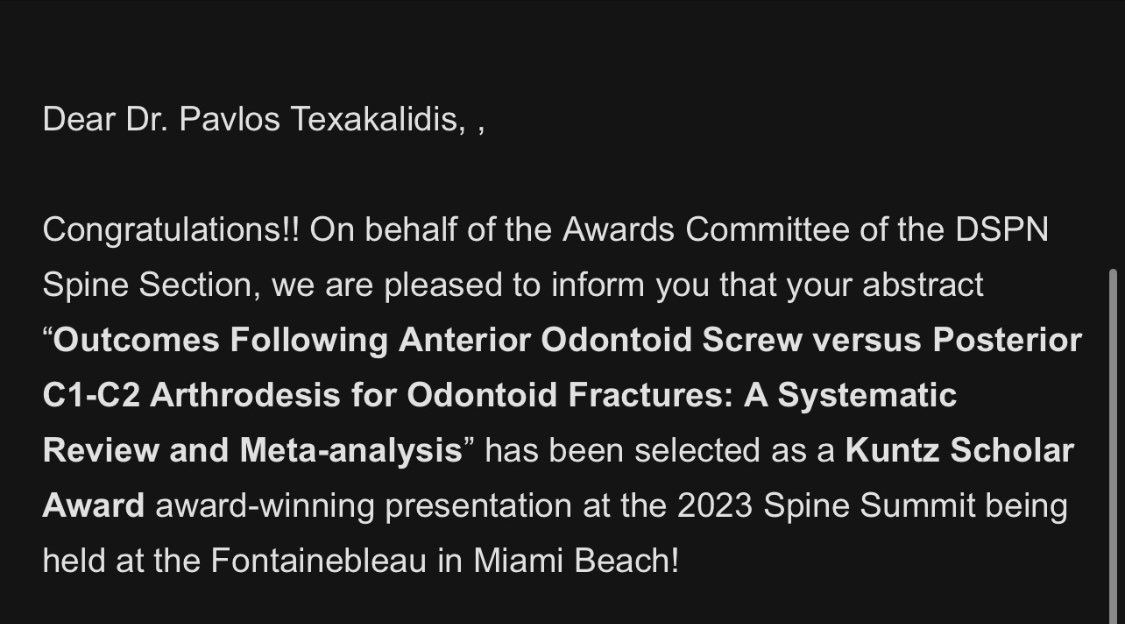 Nader Dahdaleh (@naderdahdaleh) on Twitter photo Excited to share that our superb resident Dr Pavlos Texakalidis <a href="/Pavlostex/">Pavlos Texakalidis</a> paper was selected as a Kuntz Scholar Award award-winning presentation at the 2023 Spine Summit <a href="/spinesection/">AANS/CNS Spine Section</a> in Miami <a href="/Fontainebleau/">Fontainebleau Miami Beach</a>
Session Date: Saturday March 18, 2023
Session Time: 8:00 AM - 9:15 AM Excited to share that our superb resident Dr Pavlos Texakalidis <a href="/Pavlostex/">Pavlos Texakalidis</a> paper was selected as a Kuntz Scholar Award award-winning presentation at the 2023 Spine Summit <a href="/spinesection/">AANS/CNS Spine Section</a> in Miami <a href="/Fontainebleau/">Fontainebleau Miami Beach</a>
Session Date: Saturday March 18, 2023
Session Time: 8:00 AM - 9:15 AM
