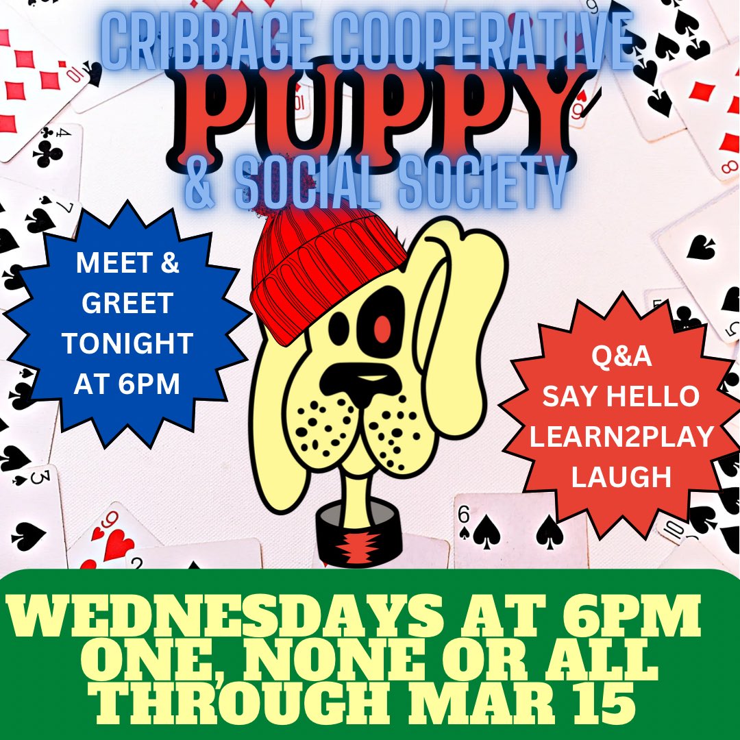 HopSnobbery's tweet photo. Announcing @thepuppyvt Cribbage Cooperative &amp; Social Society! 6pm Q&amp;A Meet &amp; Greet TONIGHT. Come shake your winter blues away, but leave your kitty at home. #btv #vermont #colchestervt #gaming https://t.co/j2sUc38T46