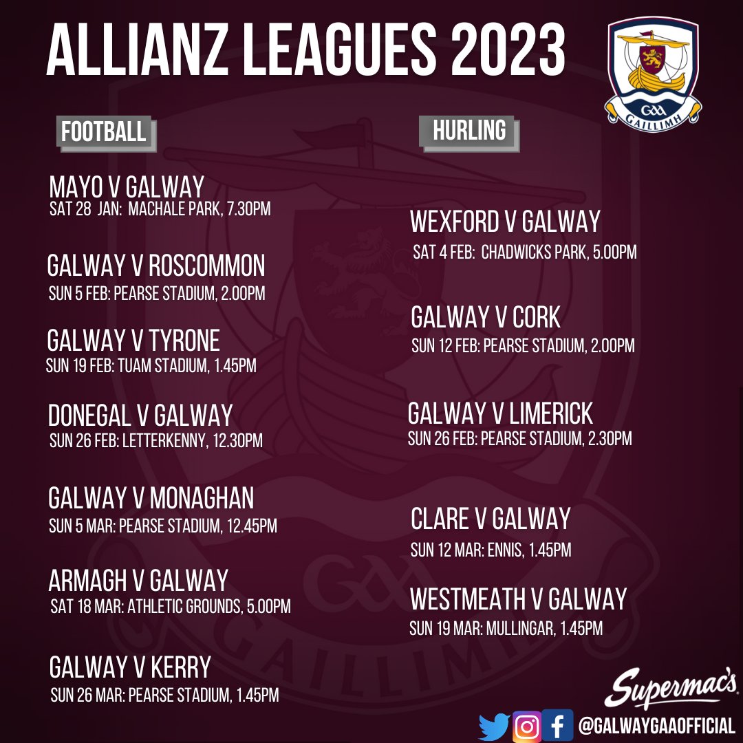 Galway GAA Official on X: 🎟️Allianz Leagues 2023 Ticket Information🎟️  Tickets now on sale on  and in selected SuperValu  and Centra stores. Pricing is as follows: Division 1 & 2 Football