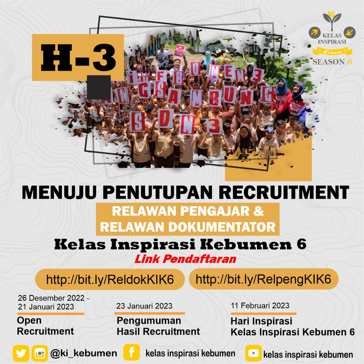KI_Kebumen's tweet photo. Pendaftaran menjadi Relawan Pengajar dan RelDok Kelas Inspirasi Kebumen akan segera ditutup loh, kak. Jangan melewatkan indahnya berbagi dan menginspirasi? 

Buruan isi link dibawah ini untuk mendaftar:
https://t.co/qOBQQjzy4w
✨Menapak batu harapan, meraih puncak impian ✨ https://t.co/zkXjNnjqlm