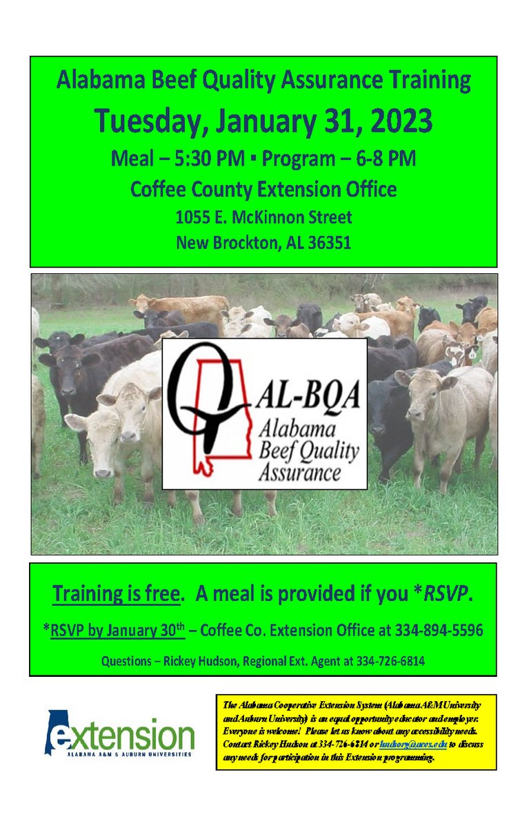 BQA meeting Tuesday Jan. 31 - free training and meal provided call 334-894-5596 to register