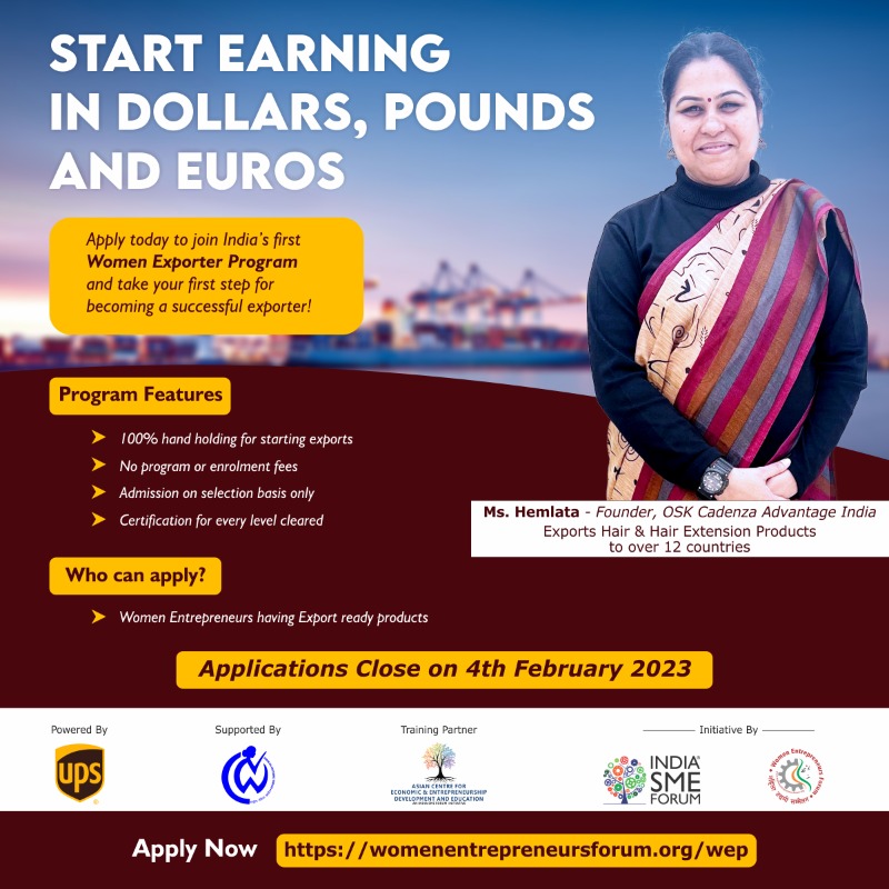 SMEForumIndia's tweet photo. Once in a lifetime opportunity for women entrepreneurs to go Global from Local.

Apply today on https://t.co/3Q7okIVjhI
Applications close on 4th February 2023

#Indiasmeforum #UPS #womenentrepreneur #WomenExportersProgram https://t.co/6TPsFtfoHT
