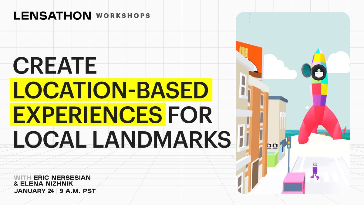 LensStudioDev's tweet image. Still need inspiration for your #Lensathon submission? Join us for our final two live workshops. On January 24, 9 a.m. PST, discover how to include local landmarks and ground your Lenses with location-specific experiences. Learn more at youtu.be/io4wA_uXXiY