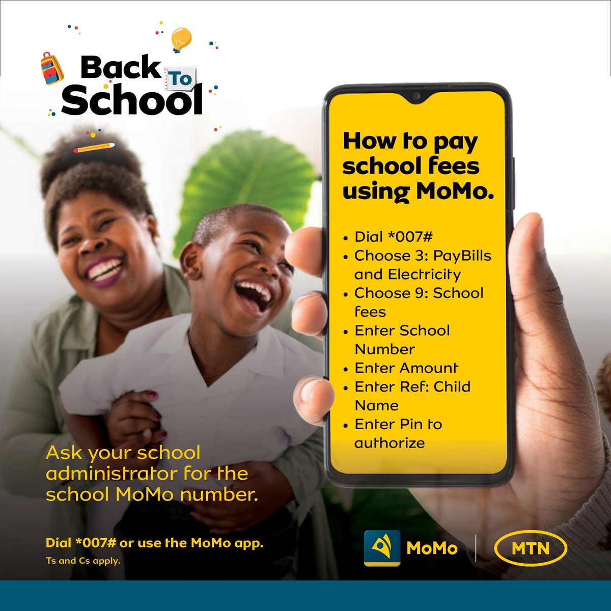 MTNEswatini's tweet photo. Avoid those long queues and the city's hustle &amp; bustle by paying for those school fees the seamless and convenient way with MoMo from right where you are. Dial *007*3*9# [or use 👉🏽: https://t.co/y38YMVe6B1 and select Bill payments] to get started. #MoMoBackToSchool https://t.co/jxfco5SRPf