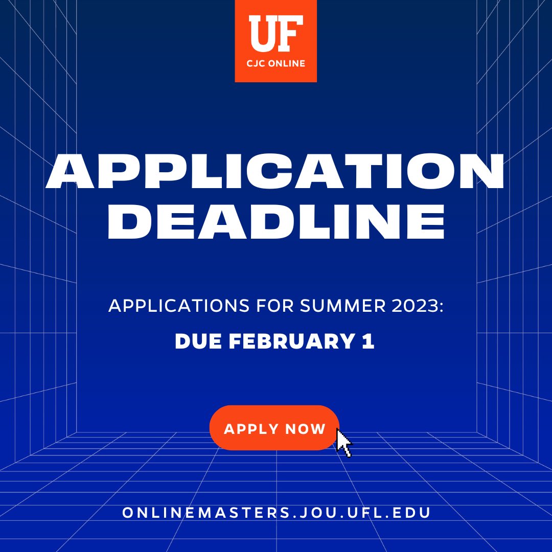 UFCJConline's tweet image. Time is running out to apply for one of @UFJSchool’s eight online master’s concentrations or four graduate certificate programs ⏳ 
Be sure to submit your materials by Feb 1 🐊

More: onlinemasters.jou.ufl.edu/admission-requ…

#GoGators #OnlineMasters #DistanceLearning #GradSchool #CommuniGators