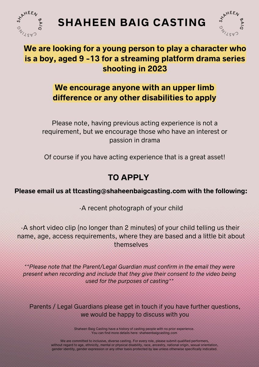 shaheen baig casting (@sbaigcasting) on Twitter photo <a href="/MelissaJohns_1/">Melissa Johns</a> OPEN CALLš¢. We are looking for a boy, aged 9-13 for a streaming platform drama series. We encourage anyone with an upper limb difference or any other disability to apply.
Please read flyer carefully+ pls share. Thanks x
#castingcall <a href="/MelissaJohns_1/">Melissa Johns</a> OPEN CALLš¢. We are looking for a boy, aged 9-13 for a streaming platform drama series. We encourage anyone with an upper limb difference or any other disability to apply.
Please read flyer carefully+ pls share. Thanks x
#castingcall