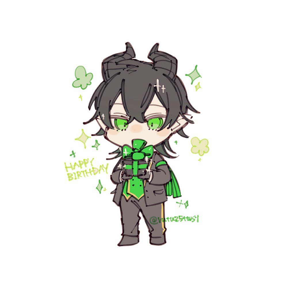 1boy male focus horns green eyes solo pointy ears chibi  illustration images