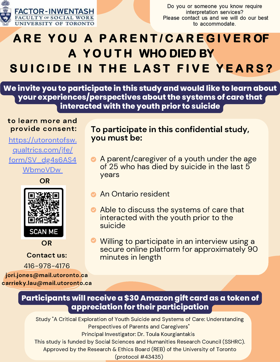 DrKourgiantakis's tweet photo. Are you a caregiver of a youth who died by suicide? This study is examining "systems of care" that interacted with the youth including mental health, hospital, school, religious/spiritual centre etc. If you know caregiver, please share flyer. For more info https://t.co/MFilPlvG3N https://t.co/zxs1M99zVP