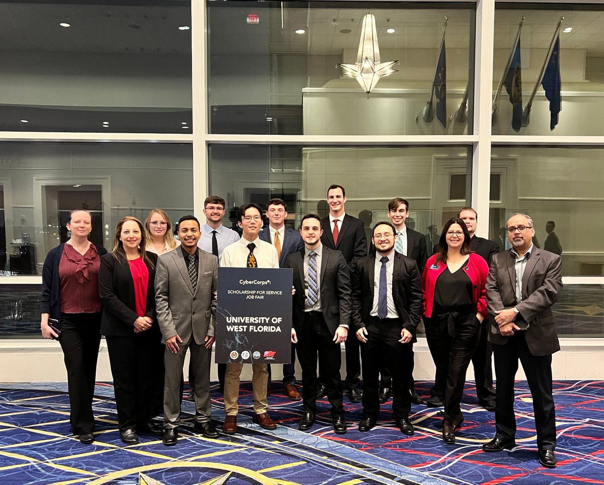 UWFCyberAI's tweet photo. Our @UWF ACE scholars were in Washington D.C. last week to attend @NSF #CyberCorps Scholarship for Service Job Fair and PI meeting. That is a sharp-looking group if we do say so ourselves. We're proud of you, ACES. #GoArgos @KilloughAustin @DrEmanEl_Sheikh https://t.co/Cyw5hSuaEL