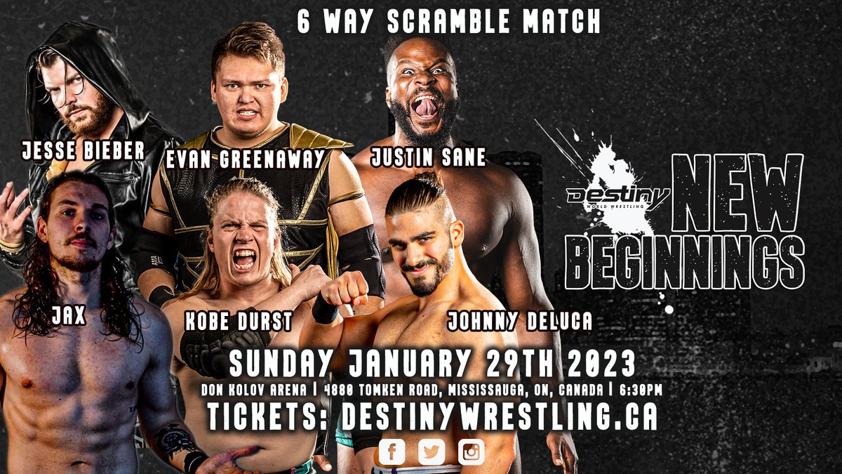 DestinyWrestle's tweet photo. #ITSOFFICIAL - Next Sunday at #DestinyNewBeginnings @JustinSaneTrain #JesseBieber @kobedurst @EvanGreenaway @jonny_deluca @TheJaxWilliams will blow the roof off the #DonKolovArena in a #6WayScramble!
Tickets available via https://t.co/HCBfzdeXoE
Front Row & VIP Are #SOLDOUT https://t.co/3eLC0kfAbb