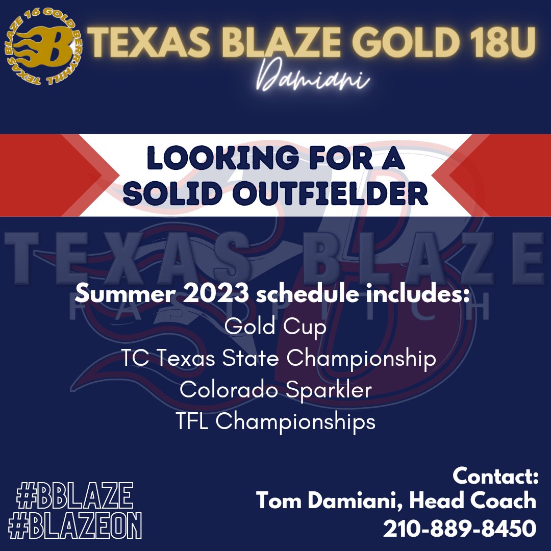 Tom Damiani (@daddamiani) on Twitter photo Due to an injury to one of our outfielders we are looking for one more player for our highly competitive team!! <a href="/Blaze18Gold/">Texas Blaze 18 Gold Damiani</a> Due to an injury to one of our outfielders we are looking for one more player for our highly competitive team!! <a href="/Blaze18Gold/">Texas Blaze 18 Gold Damiani</a>