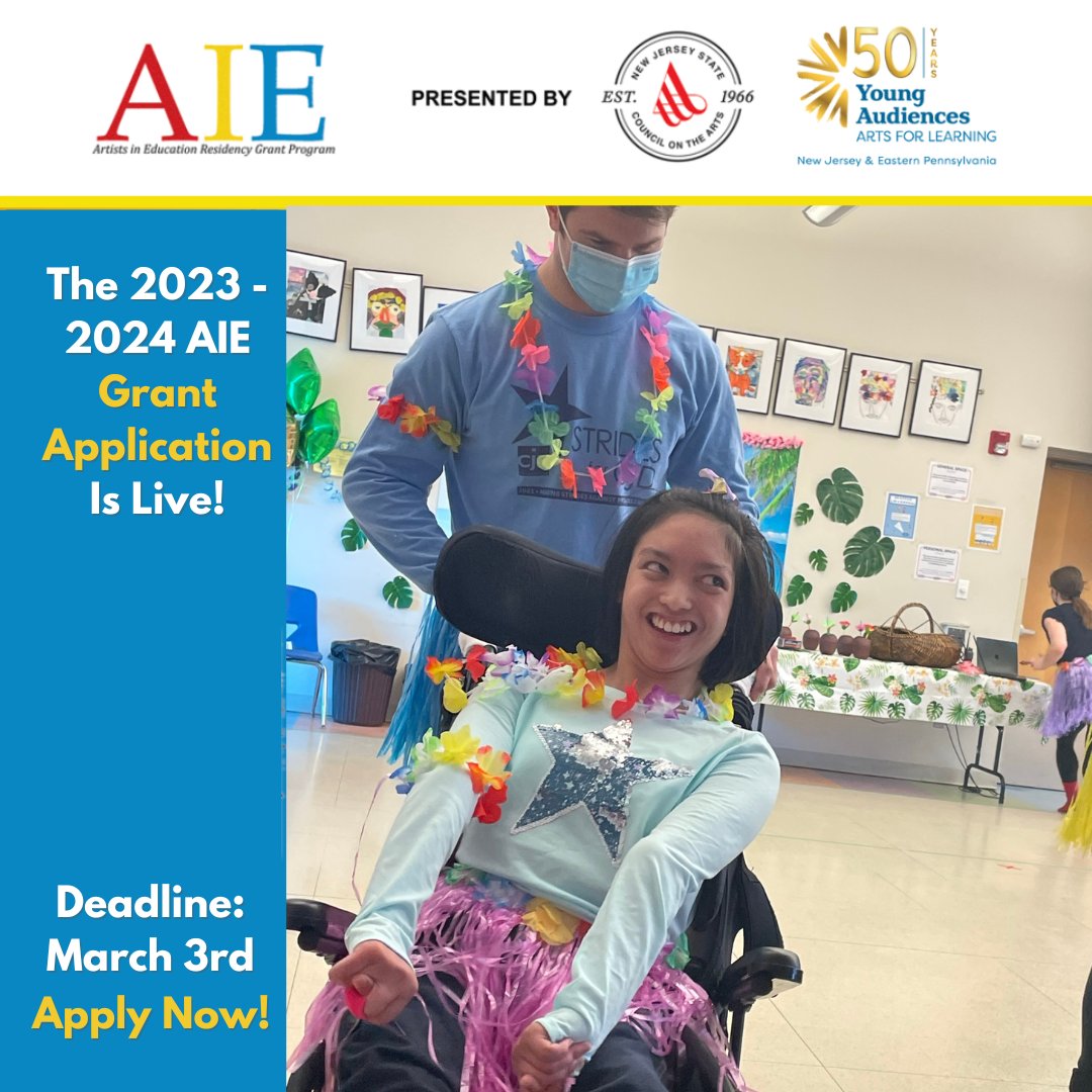 Need help writing your 2023-2024 AIE grant? AIE is providing a virtual grant assistance workshop on January 21st from 10am - 11:30am. Speak to AIE staff, and connect with other schools interested in applying. Visit njaie.org/apply for more info. #njarts