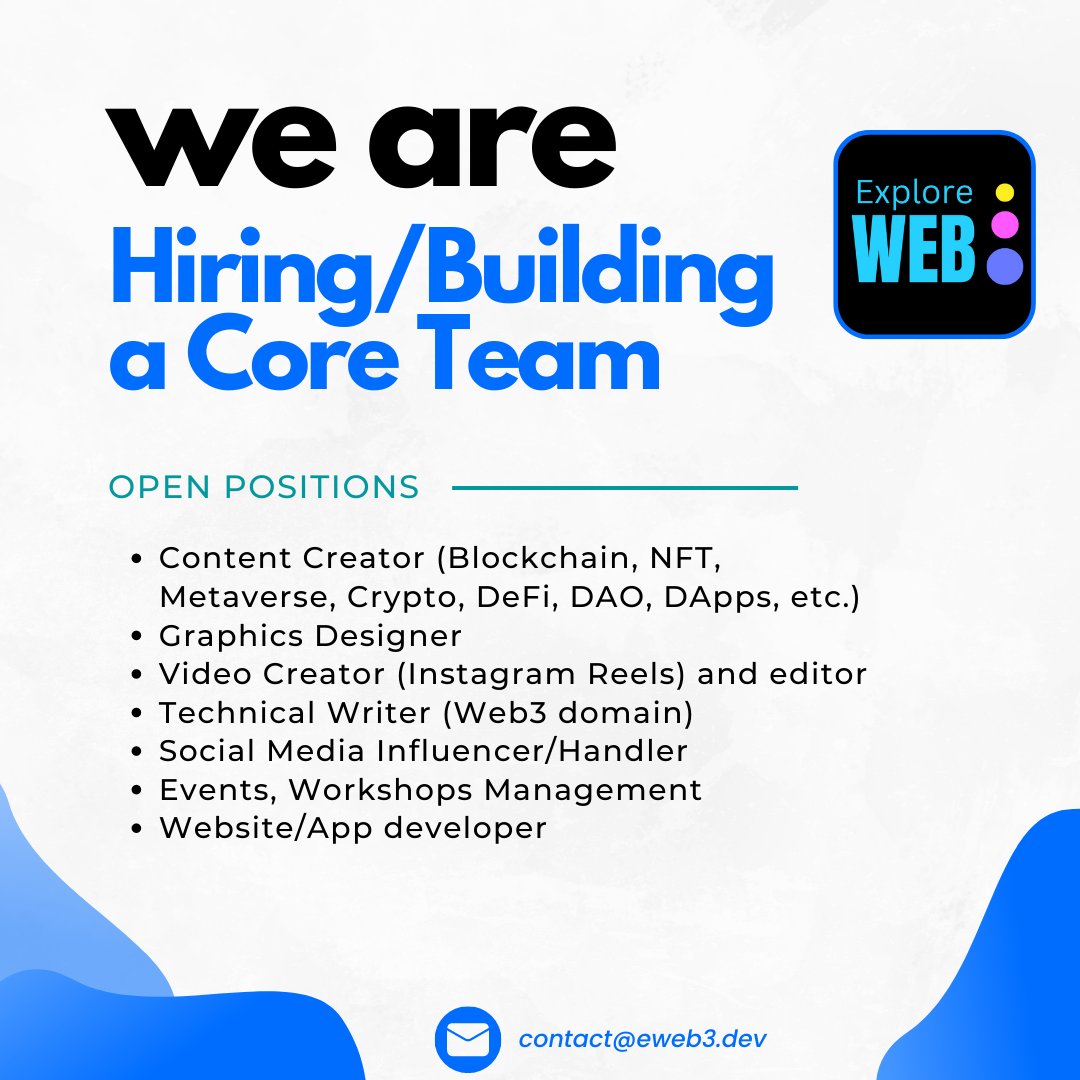 EWeb3_'s tweet image. Hello,
We are hiring/building a Core Team for the @EWeb3_  startup. 

👉 Apply here: forms.gle/kureMV7ZJGr5hH…

#eweb3 #hiring #hiringdevelopers #intern #startup #web3community #graphicdesigner #videocreator #contentwriter #socialmediainfluencer #hiredevelopers #web3education #Web3