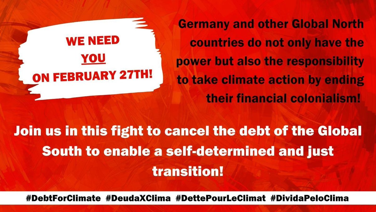 Join our Global Action on a historic date for debt cancellation!

⏰27.2: 70th anniversary of Germany's debt cancellation after WWII!

Debt relief possible for the country responsible for atrocities of WWII⁉️

➡️Debt cancellation for the Global South to enable a #JustTransition!