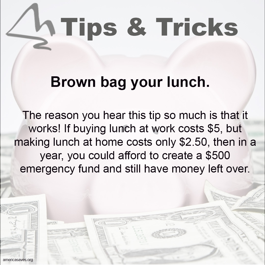 Are you wanting to save money this year? Rather than eating out for lunch consider packing a lunch, by doing this simple change you could meet your $500 emergency fund goal in a year!