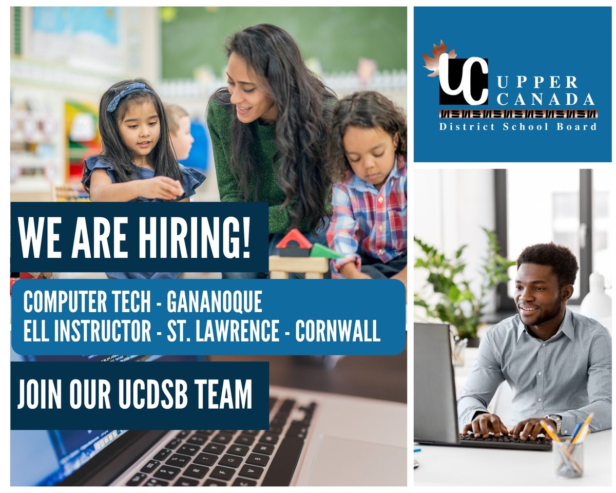 UCDSB's tweet image. EMPLOYMENT OPPORTUNITY – The #UCDSB is looking to hire:

Computer Technologist, Permanent - Gananoque Family of Schools. ow.ly/uvVi50MsyWT

ELL Instructor, Permanent - St. Lawrence SS in Cornwall ow.ly/R8nV50MsyWS

Apply today!