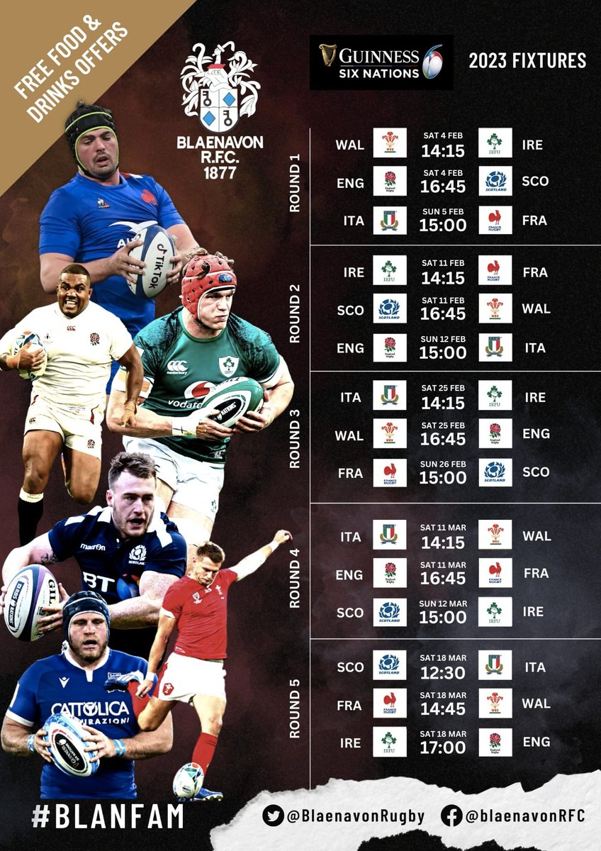 🏉 SIX NATIONS 2023 DATES 🏉

Watch the games on the big screen at Blaenavon RFCC - free food &amp; drinks offers available 🍺

#sixnations #sixnationsrugby