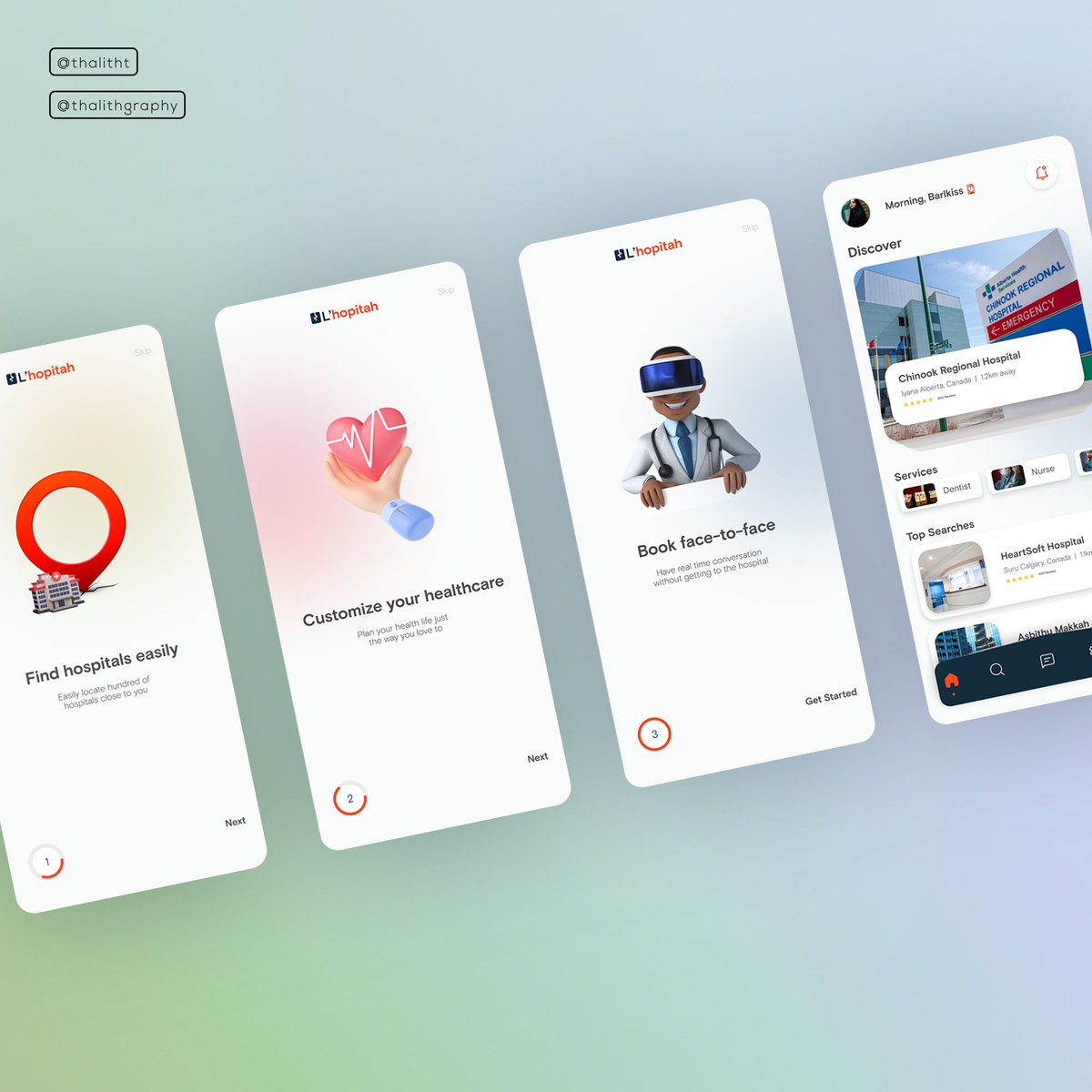 Thalitht's tweet photo. Onboarding and Homepage screen for L’hopitah

Cc: @DsignersSystem 
#uidesign #designthinking #30daysdesignerchallenge #thalithgraphy https://t.co/LPSggpghxD