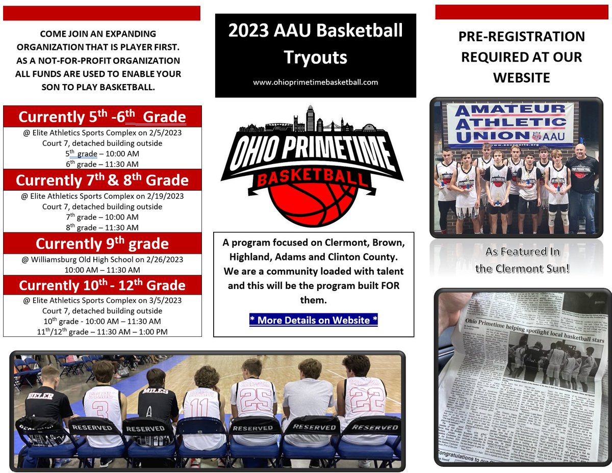 Alright, dates and locations are set!  Get registered on our website today @ ohioprimetimebasketball.com

3rd and 4th grade teams will be communicated out on Friday.