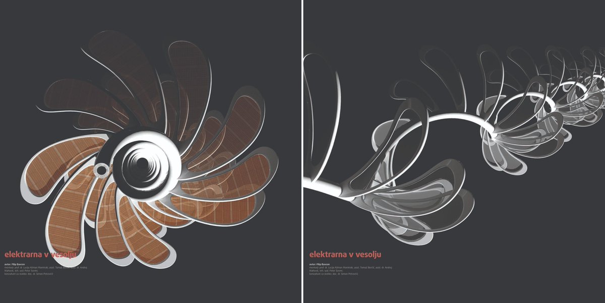 AzmanLucija's tweet photo. Exhibition Beyond the Planetary Architecture #Moon #Universe Space Power Plant The photovoltaic cells are suspended in fan-shaped wings attached to a spiral backbone, through which the supply and servicing takes place. https://t.co/Xrkj27UeUK