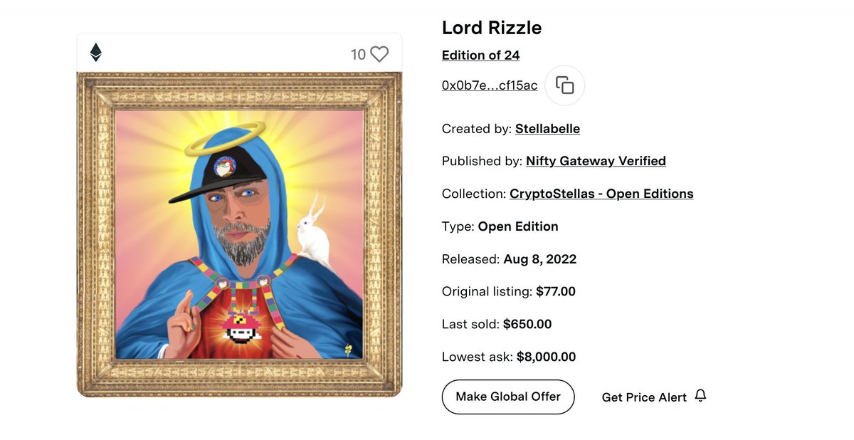 #fact: The current floor of Lord Rizzle on <a href="/niftygateway/">Nifty Gateway Studio</a> is $8,000. The last one sold for $650. <a href="/NFTland/">Rizzle</a> 
👁️ niftygateway.com/marketplace/co…