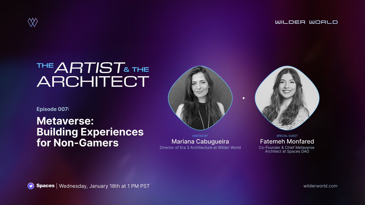 Wilder World (@wilderworld) on Twitter photo Interested in hearing others’ ideas about non-gaming experiences in the Metaverse? Hop on our Twitter Spaces today at 1pm PST with <a href="/MarianaCabugu/">Mariana Cabugueira</a> & <a href="/Thearchi_nft/">Fatemeh Monfared</a> to share your thoughts during The Artist & The Architect 🤝 Interested in hearing others’ ideas about non-gaming experiences in the Metaverse? Hop on our Twitter Spaces today at 1pm PST with <a href="/MarianaCabugu/">Mariana Cabugueira</a> & <a href="/Thearchi_nft/">Fatemeh Monfared</a> to share your thoughts during The Artist & The Architect 🤝
