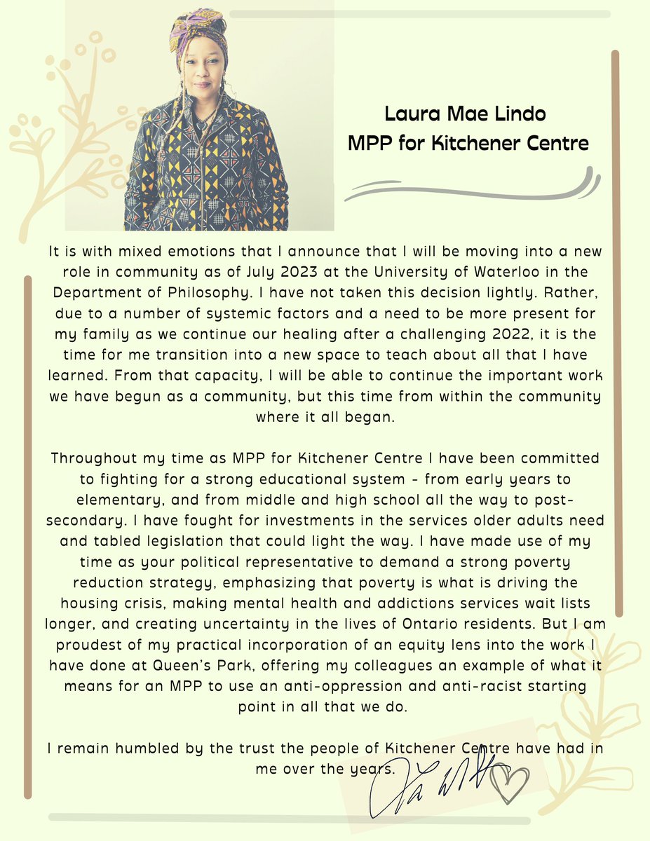 Dear Kitchener Centre,

Please see my statement below.

I will be forever grateful for your support. 

With love,
Laura Mae. 💜