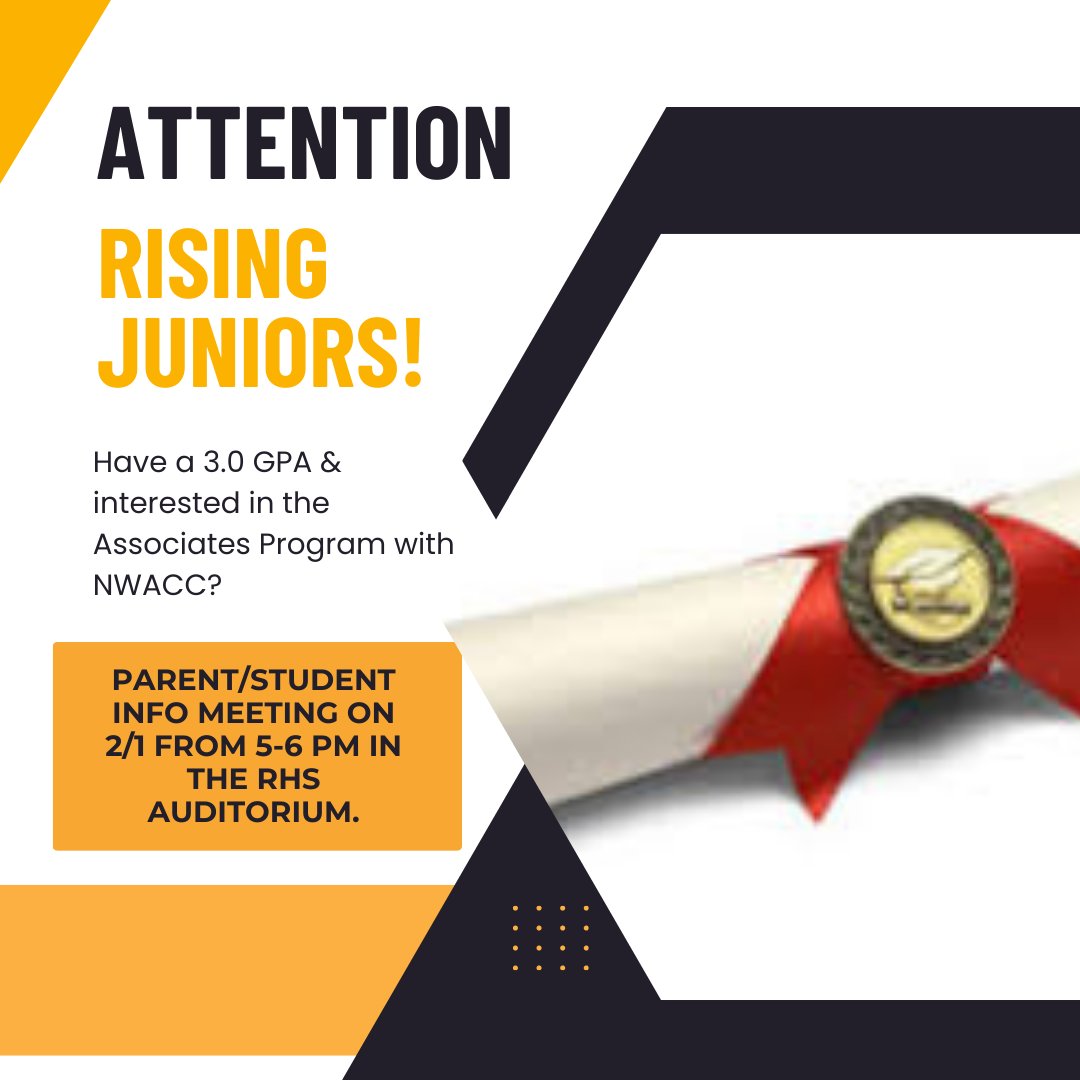 RHSMounties's tweet photo. The counseling center is excited to announce our parent/student informational meeting night to explain the Associates Program. We invite any current sophomores who are interested. See you there! #RHS #AllBelong #AllLearn #AllSucceed https://t.co/QdxSGWue9j