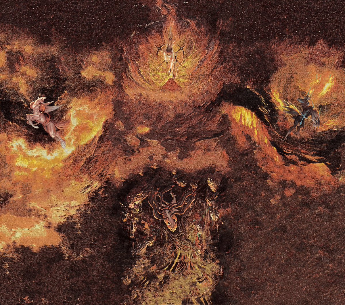 CentroPokemon's tweet image. Artwork oficial de las cartas de Arceus y Dialga, Palkia y Giratina en sus formas Origen.