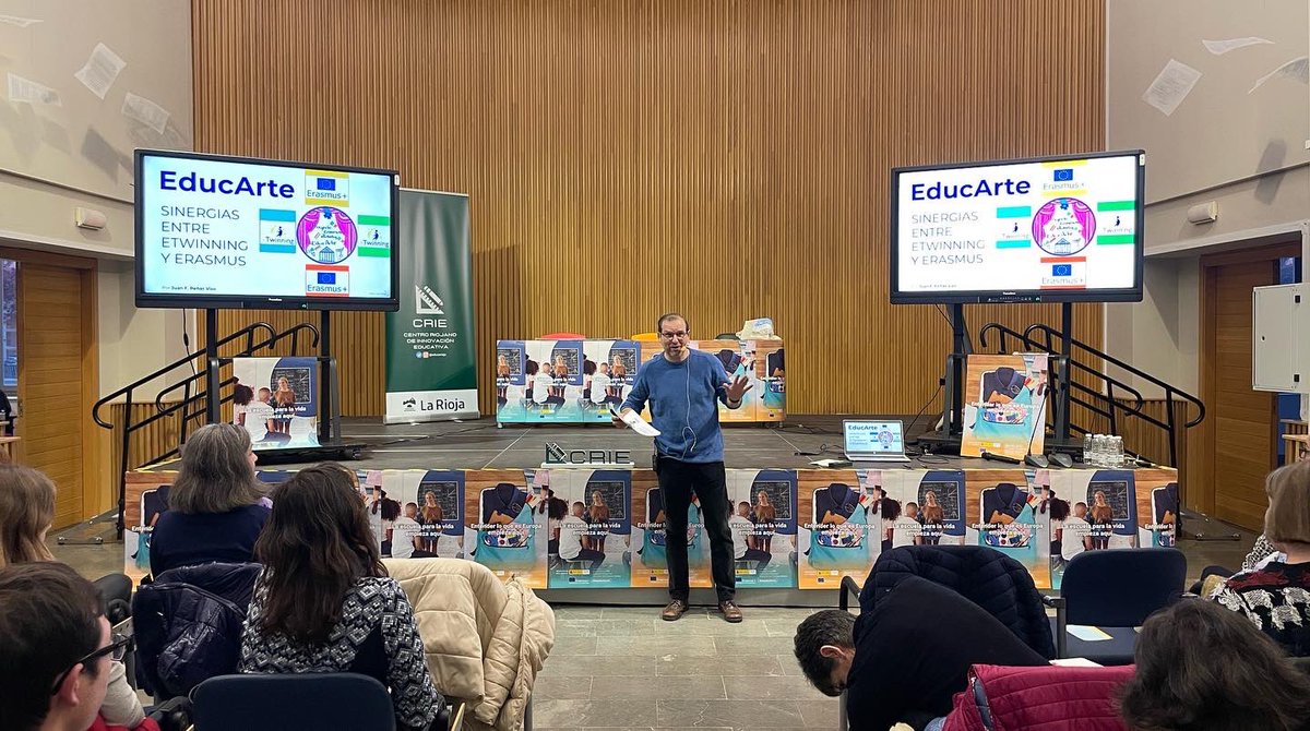 educarioja's tweet photo. El segundo día en las Jornadas para la Internacionalización de la Educación han venido potentes. Hoy lo hemos dedicado a los proyectos Erasmus+, su conexión con eTwinning y a las Escuelas Embajadoras, con docentes y alumnado de La Rioja, Navarra y Alemania. 🇪🇺🚀

#CRIE @sepiegob https://t.co/HqRgeOaKQx