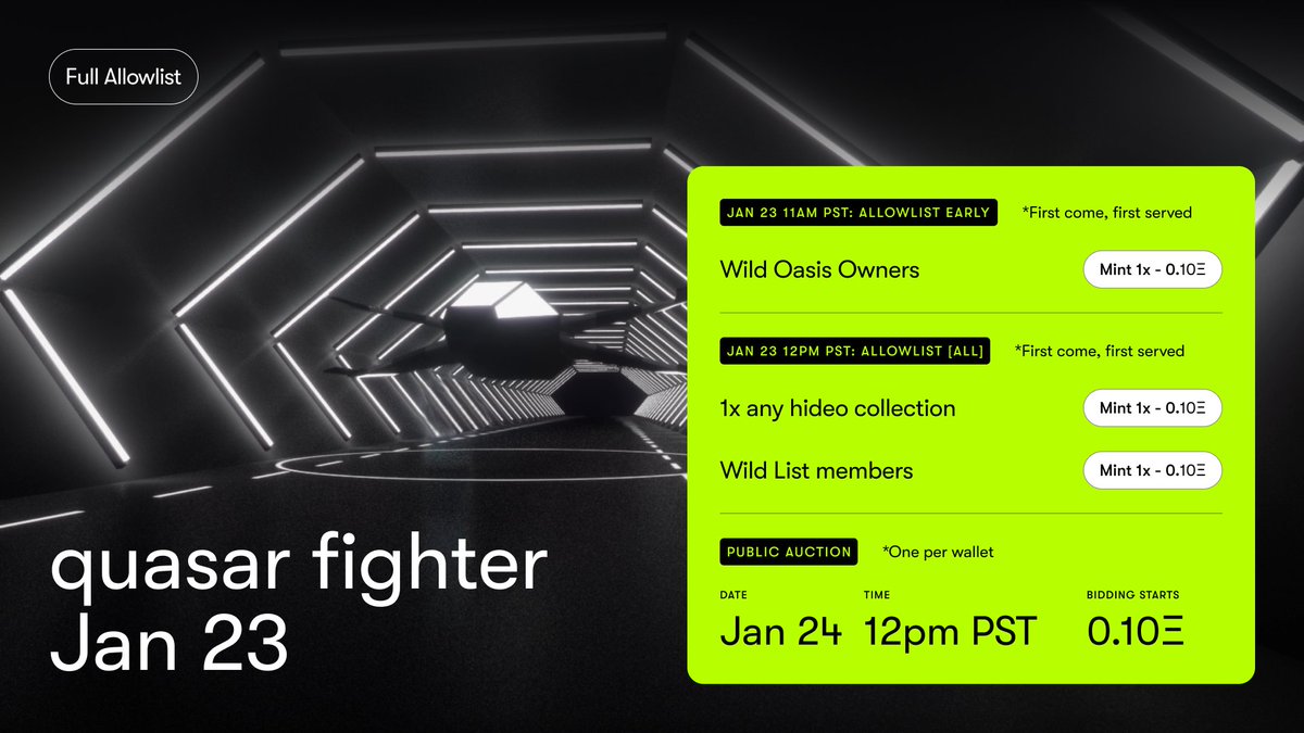 wildxyz's tweet photo. [1/3] seeing quasar fighter come to life has been beyond fun &amp; we can't wait for you to see it too! each NFT in the 256-piece collection is a generative, 3D mini-game ready to enjoy.🕹️💫

here are the mint details including a special treat for Oasis holders ↓ https://t.co/z2JShxo3SO